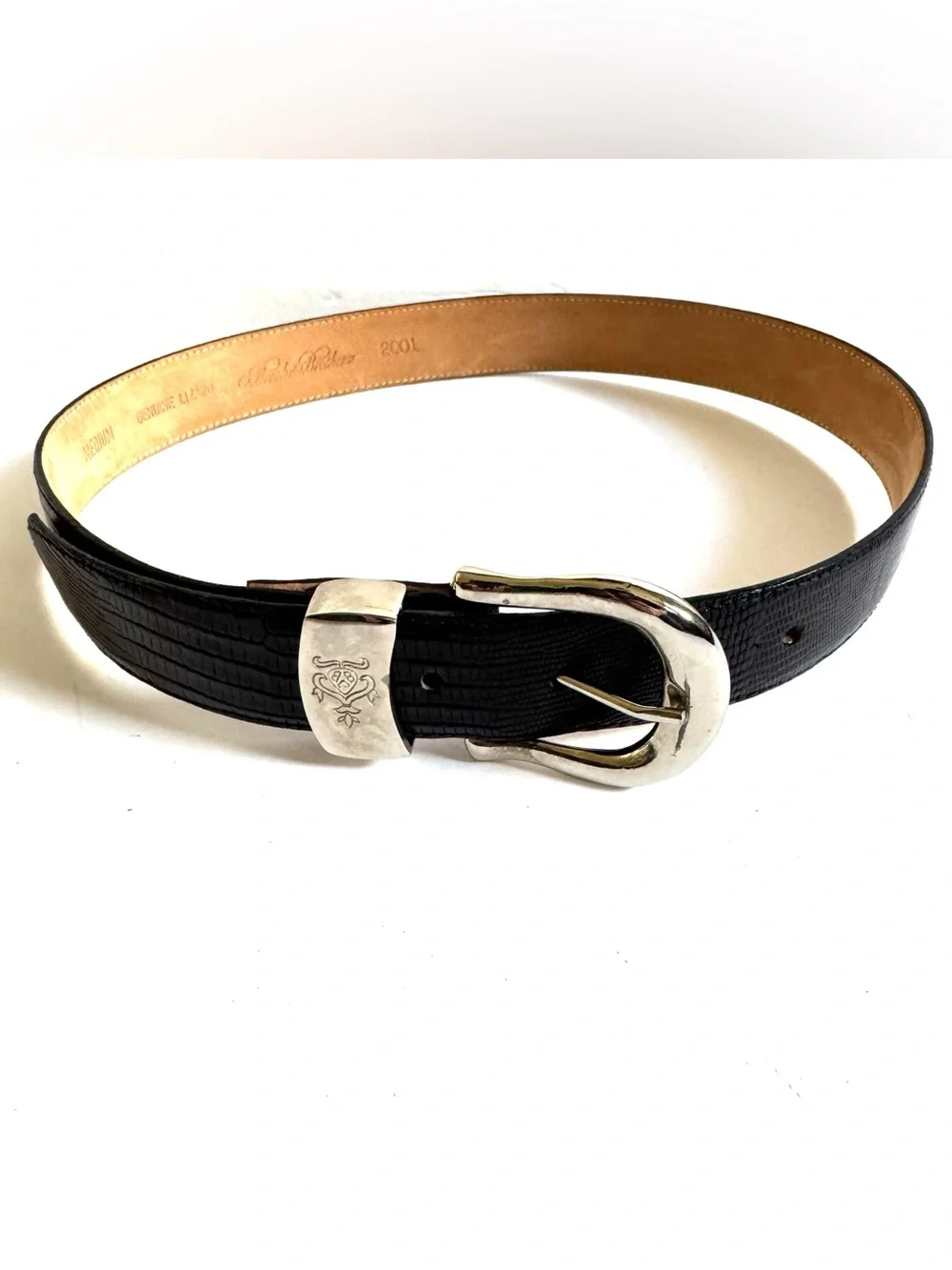 Vintage Brooks Brothers Black Genuine Lizard Leather Belt M Silver Tone Western